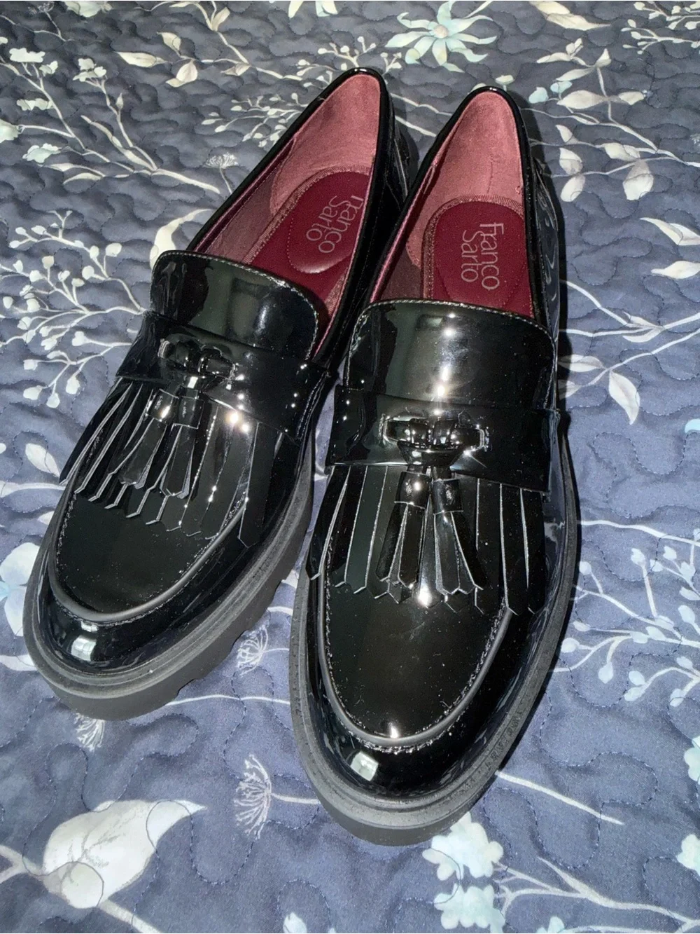Franco Sarto Black Patent Fringe Tassel Loafers